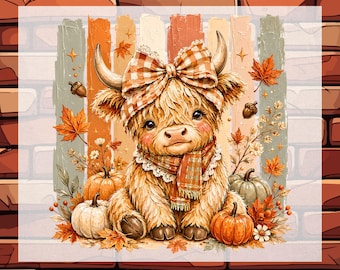 Striped Fall Highland Cow DTF Ready To Press, Autumn Coquette Halloween Cow Transfer, Spooky Season