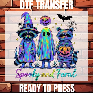Spooky And Feral Raccoon Halloween Ready To Press, Halloween Neon Dtf, Preppy Halloween Raccoon Dtf, Neon Raccoon Ghost Dtf, Raccoon Dtf
