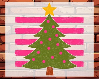 Pink Striped Christmas Tree DTF Ready To Press, Xmas Holiday Gift Heat Transfers