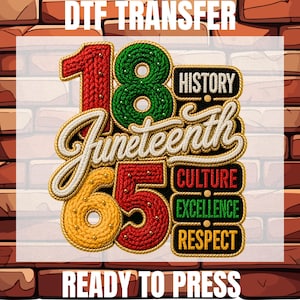 May include: DTF transfer design with the text "DTF TRANSFER" at the top and "READY TO PRESS" at the bottom. The design features the numbers "1865" in red, green, and yellow, with the word "Juneteenth" in a decorative font. Additional text includes "HISTORY", "CULTURE", "EXCELLENCE", and "RESPECT".