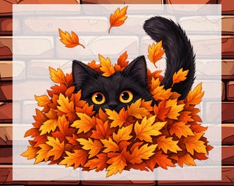 Black Cat Autumn Leaves DTF Ready To Press, Fall Cat Lover Heat Transfer Iron On, Cozy Autumn Kitty