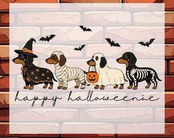 Könnte beinhalten: Ein DTF-Transferbogen mit vier Dackeln in Halloween-Kostümen: Hexe, Mumie, Geist mit Kürbiseimer und Skelett. Schwarze Fledermäuse fliegen darüber. Der Text lautet DTF TRANSFER, happy halloweenie und READY TO PRESS.