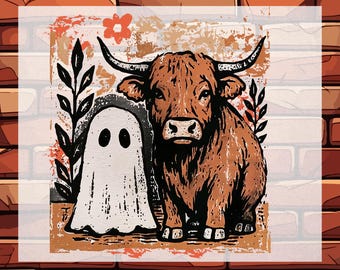 Fall Highland Cow Ghost DTF Ready To Press, Autumn Halloween Cow Transfer, Spooky Season