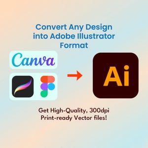 May include: An advertisement with text that reads "Convert Any Design into Adobe Illustrator Format." The image includes the Canva and Procreate logos, an arrow, and the Adobe Illustrator logo. The text "Get High-Quality, 300dpi Print-ready Vector files!" is also present.