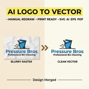 May include: An image demonstrating the transformation of a blurry raster logo into a clean vector design. The text states "AI LOGO TO VECTOR" and highlights features such as manual redraw and print-ready formats. The "Pressure Bros" logo is displayed.