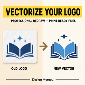 May include: Image showing a logo transformation process. The text "VECTORIZE YOUR LOGO" is at the top, with "PROFESSIONAL REDRAW • PRINT READY FILES" below. An old logo is shown next to a new vector version of the logo.