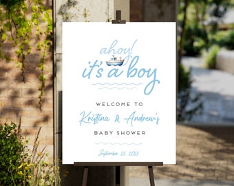Ahoy It's A Boy Baby Shower Welcome Sign, Coastal Boat Theme (Editable Template)