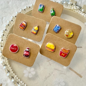 Plastic Stud Earrings Fast Food Theme Soft Drinks Popcorn Burger Fries Chips Funny Chubby Cute Adorable Everyday Low Price Cartoon Style