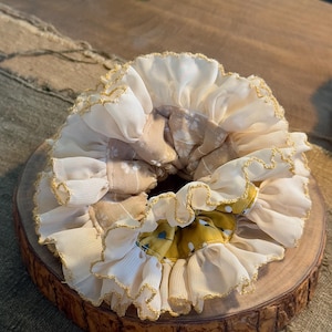 Reversible XL Oversized Scrunchie | Extra Stretch & Volume Handmade Hair Tie with Lace Trim | Double-Sided Floral Scrunchie | Cottagecore