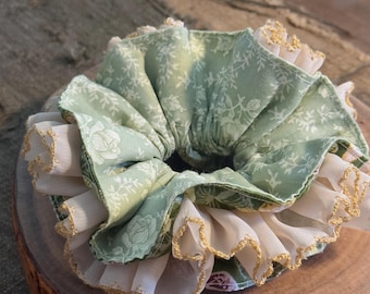 XL Oversized Green Floral Scrunchie | Extra Stretch Elastic Handmade Vintage Scrunchie with Lace Trim | Cottagecore Hair Tie Accessory