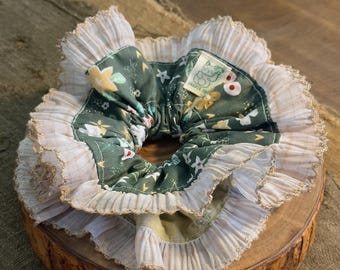 Reversible XL Oversized Scrunchie | Handmade Double-Sided Floral Hair Tie with Lace Trim | Cottagecore Vintage Hair Accessory