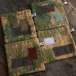 Wabi-Sabi Coaster (Set of 4) Botanical Plant Dye Cotton Fabric Retro Vintage Aesthetic Muted Faded Hand Stitched Tea Pot Cup Mug Mat