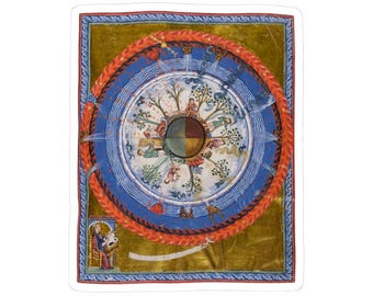 May include: A sticker featuring a medieval illustration of a circular world map. The design includes concentric circles in blue, red, and gold, with figures, trees, and celestial elements. The artwork has a vintage, hand-painted aesthetic.
