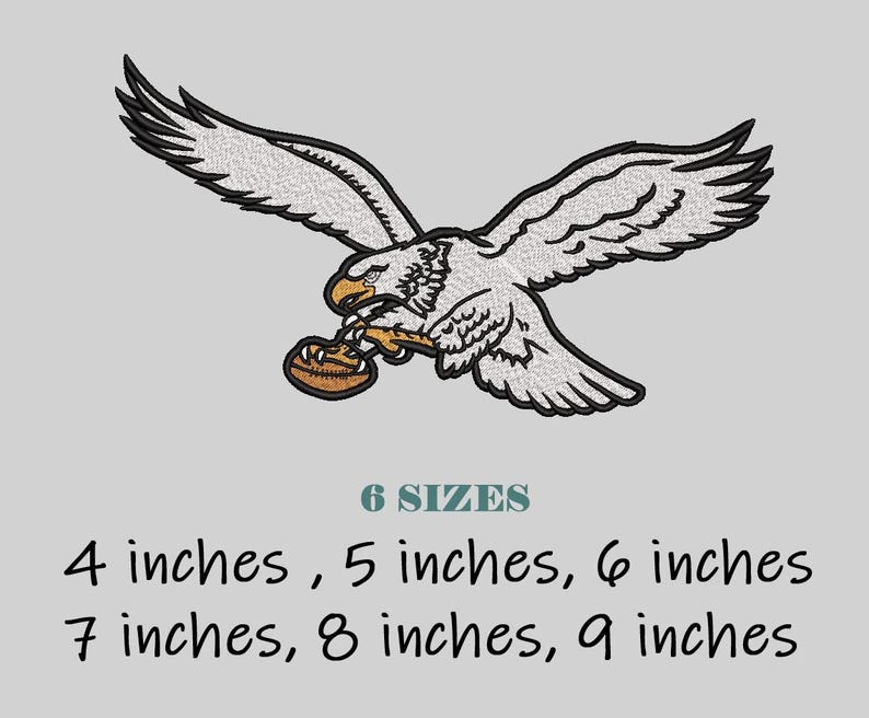 May include: Embroidered design of an eagle in flight, clutching a football. The eagle is white with black wingtips and a yellow beak. Text below reads "6 SIZES" and lists sizes from 4 to 9 inches.