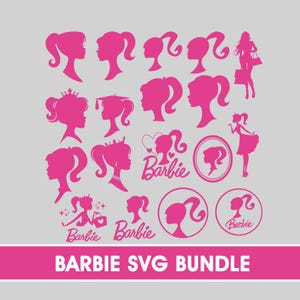 Puede incluir: Colección de diseños SVG rosas con temática Barbie. La imagen presenta varias siluetas de perfiles femeninos, peinados y figuras completas. El texto "Barbie SVG Bundle" se muestra en una pancarta rosa en la parte inferior.