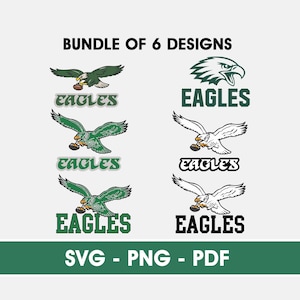 May include: A digital design bundle with six Eagles designs. Each design features an eagle graphic and the word "EAGLES". The designs are available in SVG, PNG, and PDF formats.