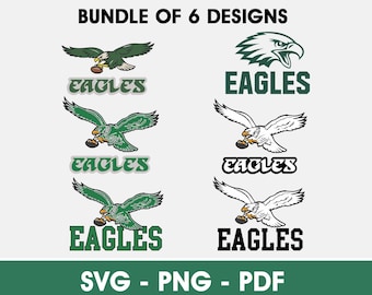 May include: A digital design bundle featuring six different Eagles designs. Each design includes an eagle graphic with the word "EAGLES". The designs are in SVG, PNG, and PDF formats.