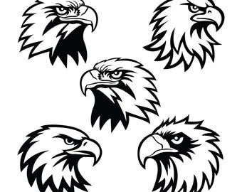 May include: Five black and white eagle head illustrations. Each eagle head is depicted in a different pose, showcasing a detailed beak, eye, and feathered design. The images are set against a white background.