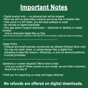 May include: A green background with white text detailing important notes about a digital product. The text includes information on digital downloads, usage policy, and customer support. The phrase "Important Notes" is at the top.