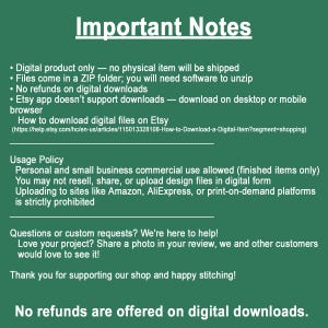 May include: A green information sheet with white text. It provides details on digital downloads, including usage policy, download instructions, and refund information. It also encourages customer reviews.
