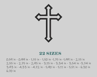 May include: Black outlined cross design with a decorative edge. The text "22 SIZES" is below the cross, with size measurements ranging from 0.59 inches to 6.70 inches.