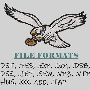 May include: An embroidered design of a soaring eagle clutching a football. The eagle is white with black accents, and the football is brown. Text below reads "FILE FORMATS" and lists various file types for embroidery.