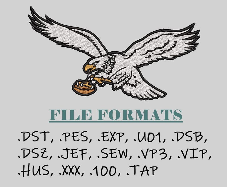 May include: An embroidered design of a soaring eagle clutching a football. The eagle is white with black accents, and the football is brown. Text below reads "FILE FORMATS" and lists various file types for embroidery.