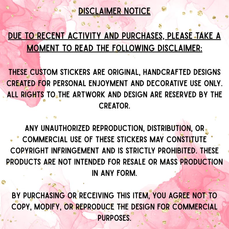 Puede incluir: Un fondo de acuarela rosa y dorado con texto negro. El texto dice "AVISO LEGAL" y proporciona un descargo de responsabilidad detallado sobre las pegatinas personalizadas, incluida la informaci&oacute;n de derechos de autor.