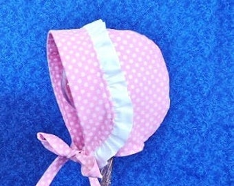 Pink and White Polka Dot  Baby Bonnet with Ruffles and Fabric Ties