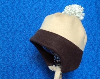 Winter Baby Fleece Hat Brown and Being  with Chin Ties and Taupe PomPom