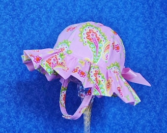 Pink Paisley Baby Sun Hat with Chin Straps and Pink Satin Ribbon Bow in the Back