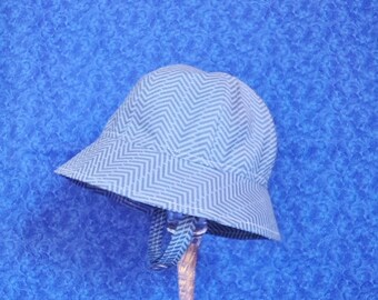 Blue and Grey Boy Sun Hat with Stripes and Chin Straps with Snaps