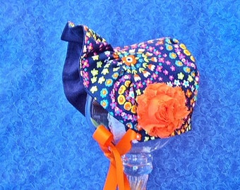 Colorful Baby Bonnet on Navy Blue Reversible