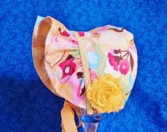 Yellow Baby Bonnet Reversible with Flowers Ruffled Brim