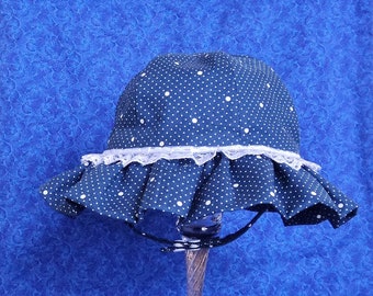 Baby Sun Hat Navy with White Dots, Chin Straps