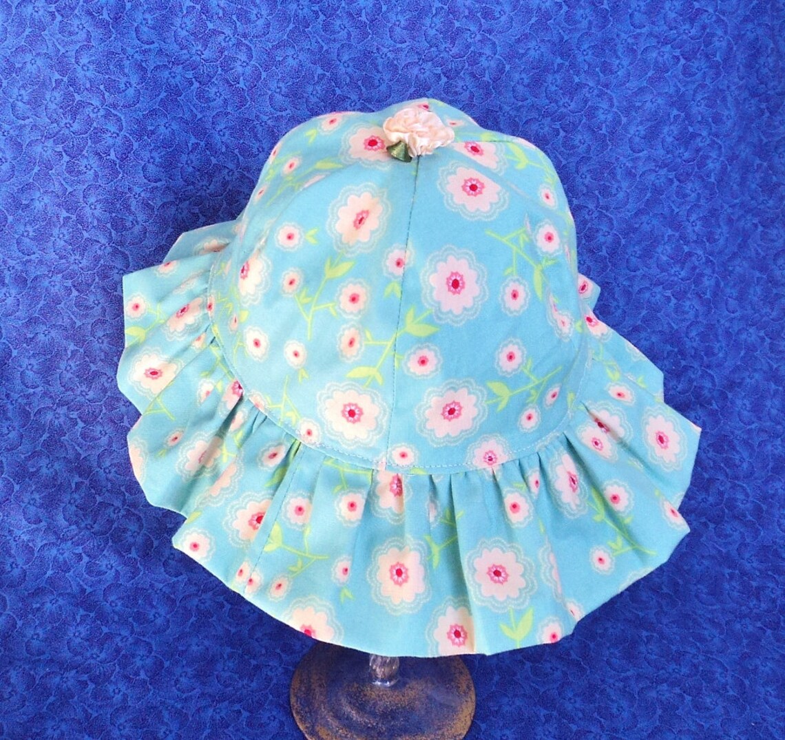 Baby Girl Sun Hat Aqua with Flowers and Chin Straps Etsy