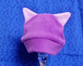 Fleece Baby Cat Hat - Mulberry Purple with Pink on the Ears
