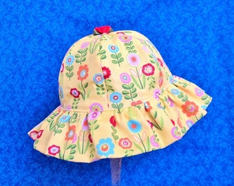 Yellow Baby Sun Hat with Colorful Flowers and Chin Straps