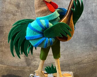 Felt Rooster Musician Figurine – Handmade Waldorf Bard Toy, Medieval Storytelling Animal