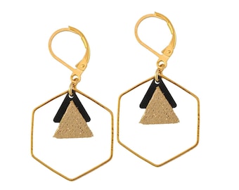 Leather Geometric Earrings, 24K Gilded Brass, Hexagonal Triangle Minimalist Hoop Earrings, Statement Earrings, Gift for Her