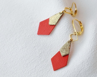 Leather Geometric Earrings, 24K gilded brass,Pentagon Minimalist Earrings,Statement Handmade Original Earrings, Gift for her