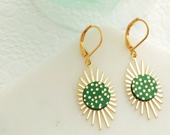 Leather Geometric Floral Earrings, Emerald Green Minimalist Sunflower Earrings, Trendy Delicate Sun Modern Earrings, Gift for Her, Mom gift