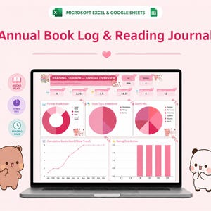 May include: A digital annual book log and reading journal spreadsheet displayed on a laptop screen. The interface features pink-themed charts, graphs, and reading statistics, decorated with small cartoon bear illustrations on the sides.