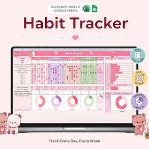 Könnte beinhalten: Ein digitaler Gewohnheitstracker als Tabellenkalkulation für Microsoft Excel und Google Sheets auf einem Laptop-Bildschirm. Die Benutzeroberfläche zeigt rosa und weiße Farbschemata, tägliche Protokolle, Zielsetzungen und Fortschrittsdiagramme mit Bären.