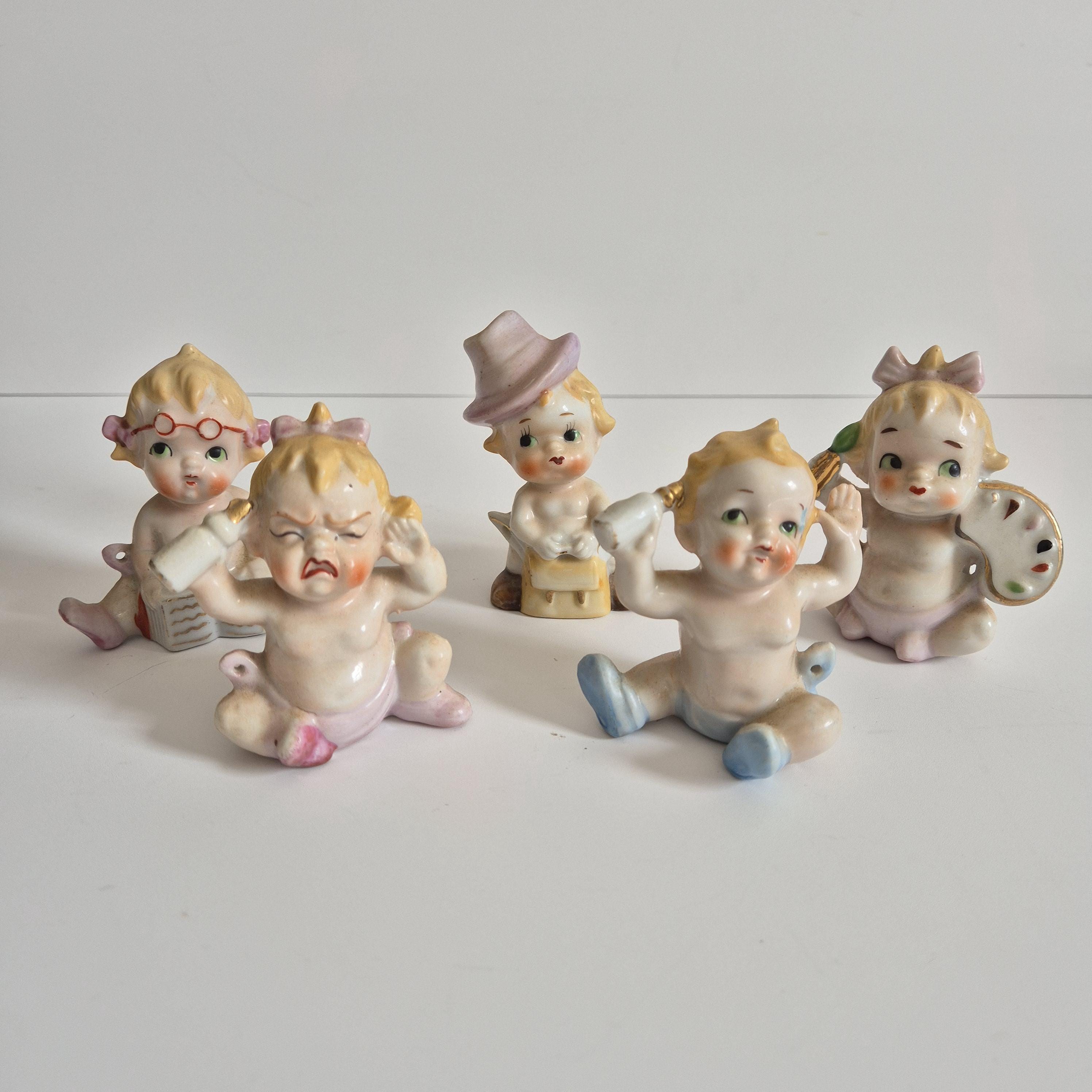 Vintage Japan Baby Figurines Set, 1950s Kewpie Style Porcelain
