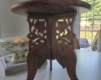 Vintage Carved Wood Folding Side Table, Ornate Floral Tripod Plant Stand, Boho Accent Table, Indian Style Wooden Furniture, Cottage Decor