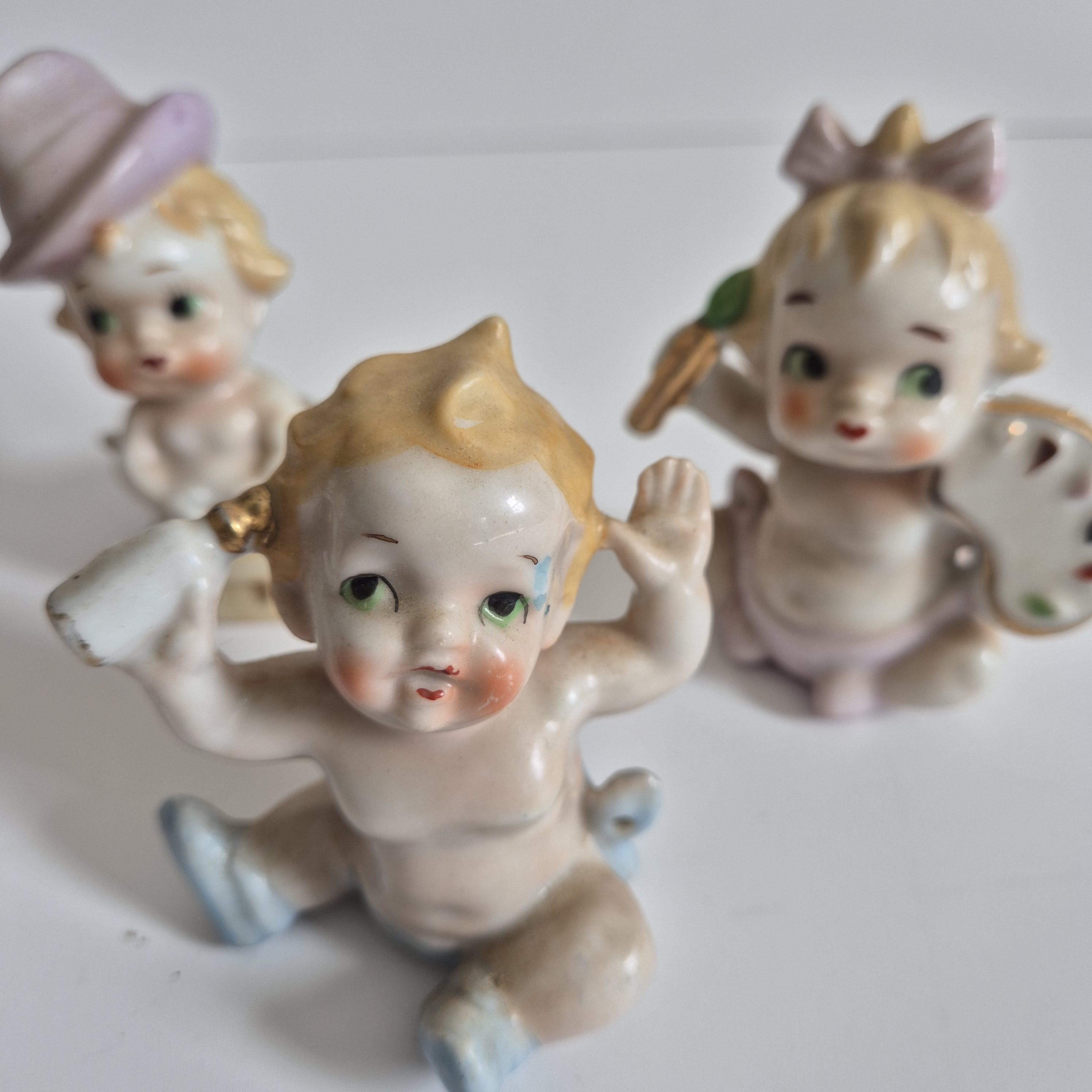 Vintage Japan Baby Figurines Set, 1950s Kewpie Style Porcelain