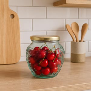 Vintage Embossed Glass Jar with Lid Aqua Blue Fruit Pattern Canister Retro Kitchen Storage Cottagecore Pantry Decor Collectible Glass