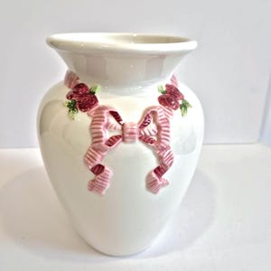 Vintage Inspired White Vase with Pink Ribbon and Roses | Mother&#39;s Day Gift | Romantic Cottagecore Floral Vase | Shabby Chic Home Decor