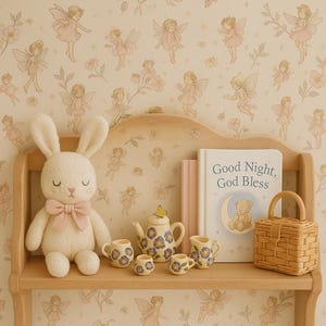 May include: A plush white bunny with a pink bow sits on a wooden shelf next to a children's tea set with purple floral designs. A book titled "Good Night, God Bless" and a small woven basket complete the scene. The background features a fairy-themed wallpaper.
